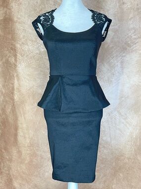 Cache Black Peplum Sheath Dress with Lace Cap Sleeves size 2